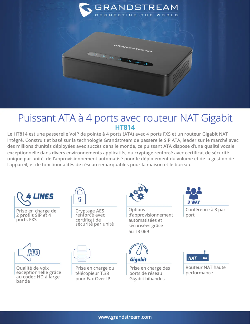 Page 1 de la notice Fiche technique Grandstream HT814