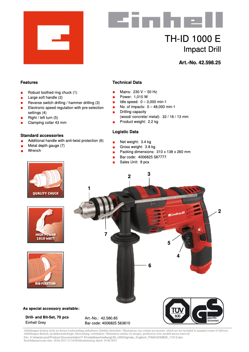 Page 1 de la notice Fiche technique Einhell TH-ID 1000 E