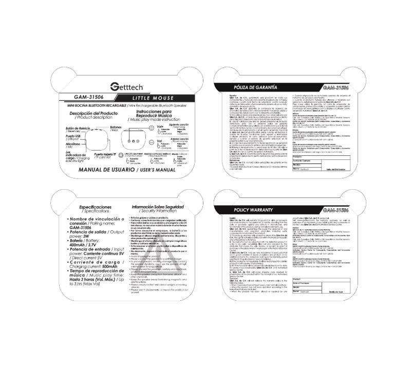 Page n°1 - Manuel utilisateur Getttech GAM-31506