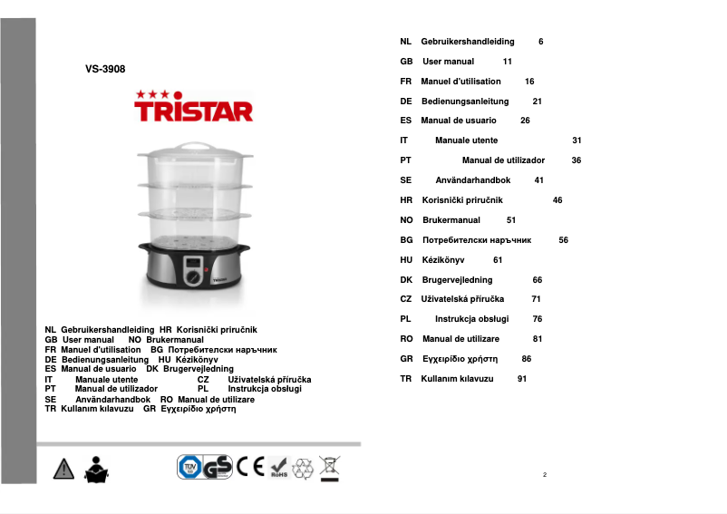 Page 1 de la notice Manuel utilisateur TriStar VS-3908