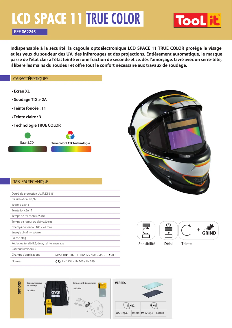 Page 1 de la notice Fiche technique GYS LCD Space 11