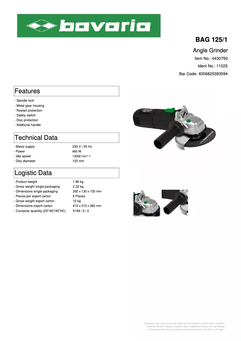 Page 1 de la notice Fiche technique Bavaria BAG 125/1