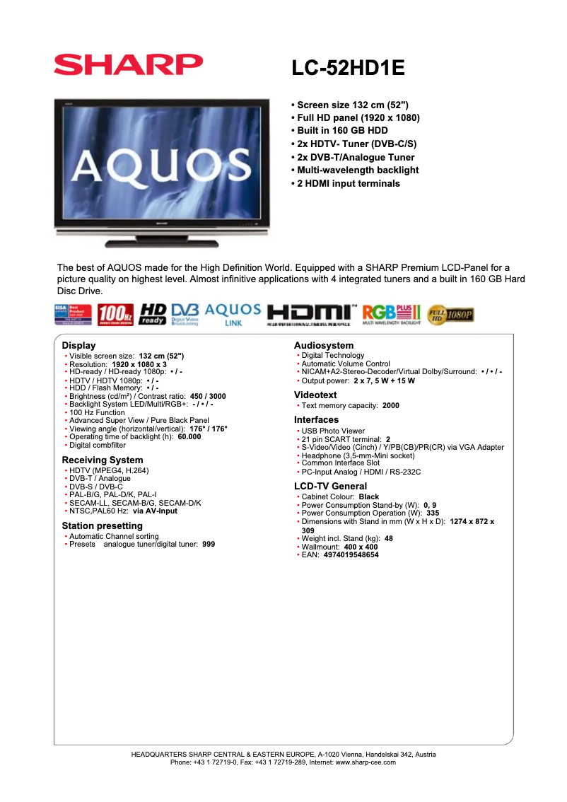 Page n°1 - Manuel utilisateur Sharp LC-52HD1E