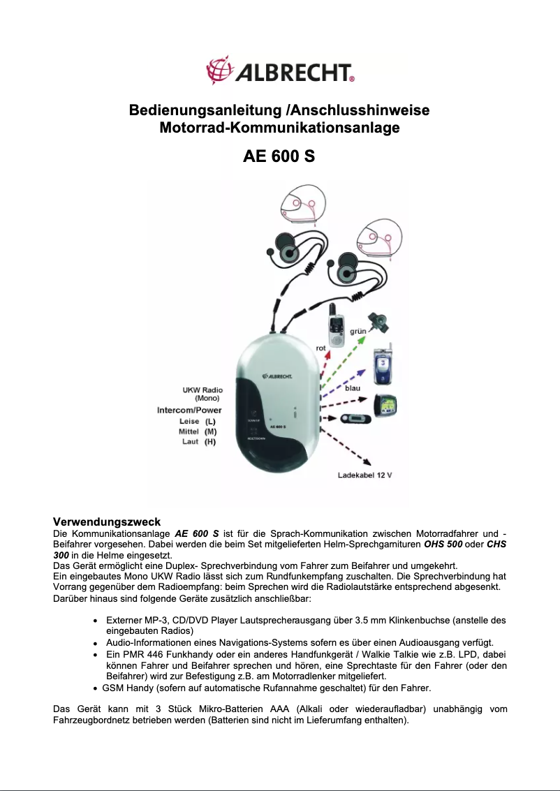 Image de la première page du manuel de l'appareil Albrecht AE600S
