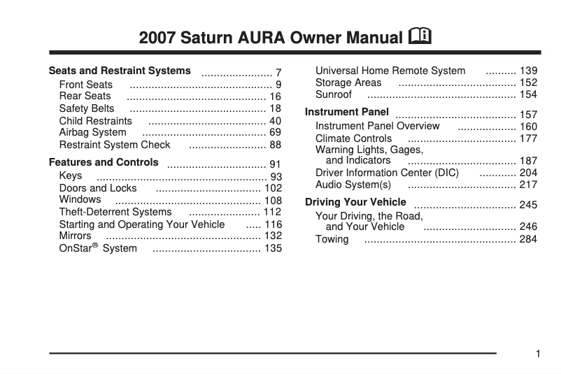 Página 1 del manual Manual de usuario Saturn Aura (2009)