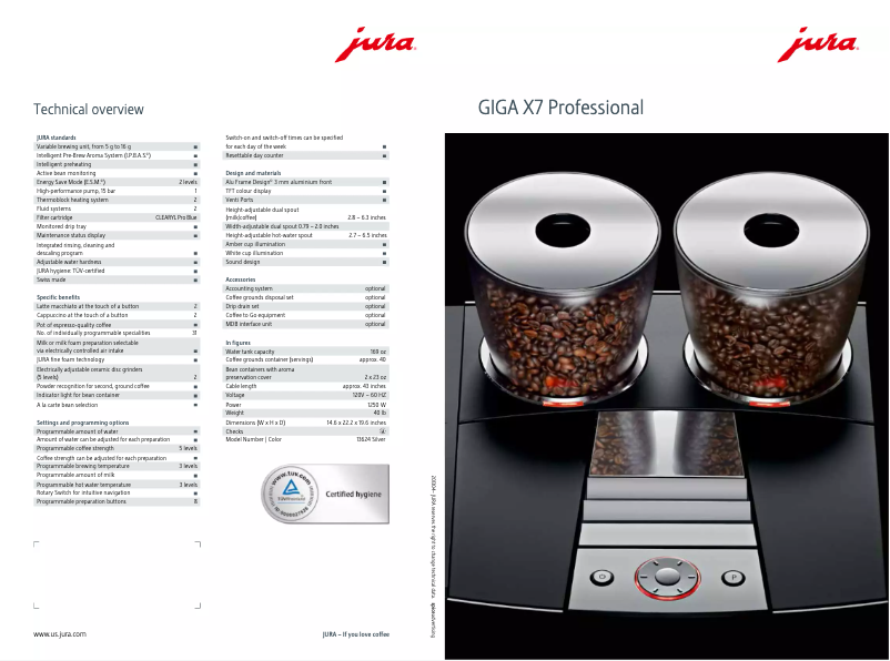Page 1 de la notice Fiche technique Jura GIGA X7 Professional