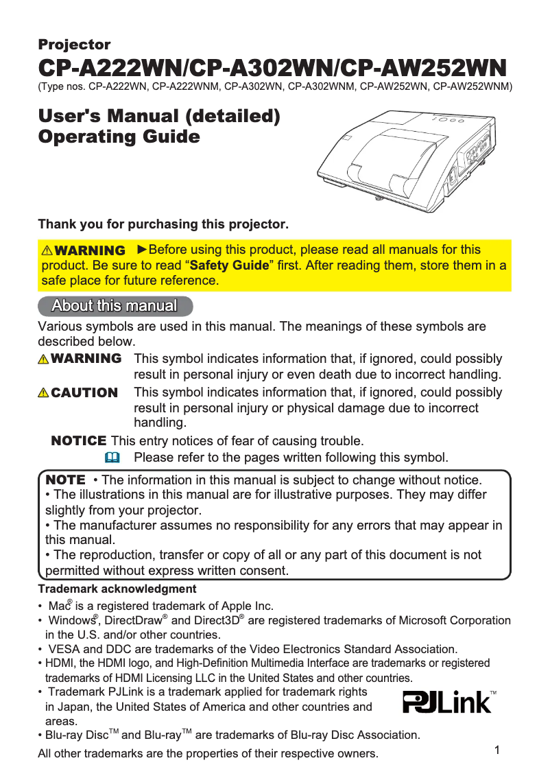 Page 1 de la notice Manuel utilisateur Hitachi CP-A222WNMEF