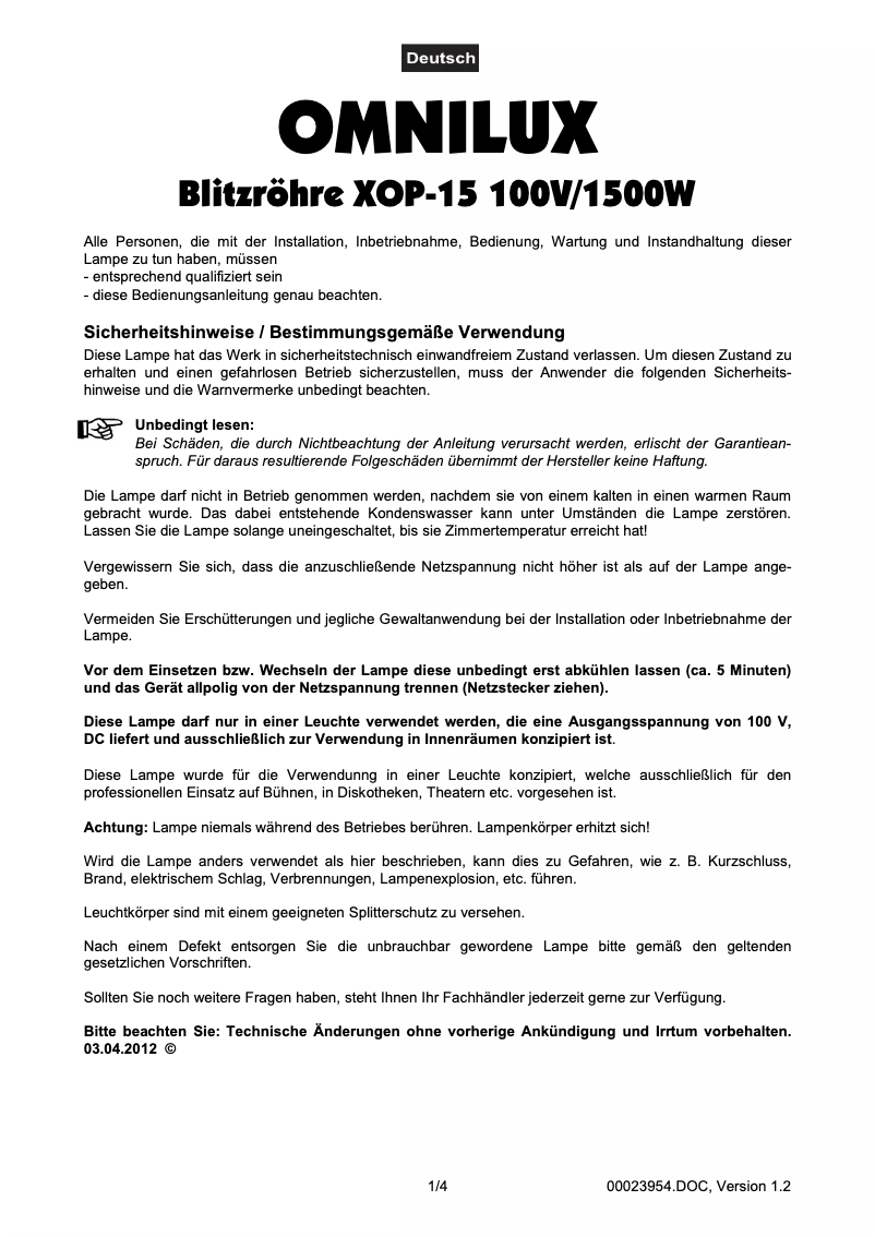 Page 1 de la notice Manuel utilisateur Omnilux XOP-15