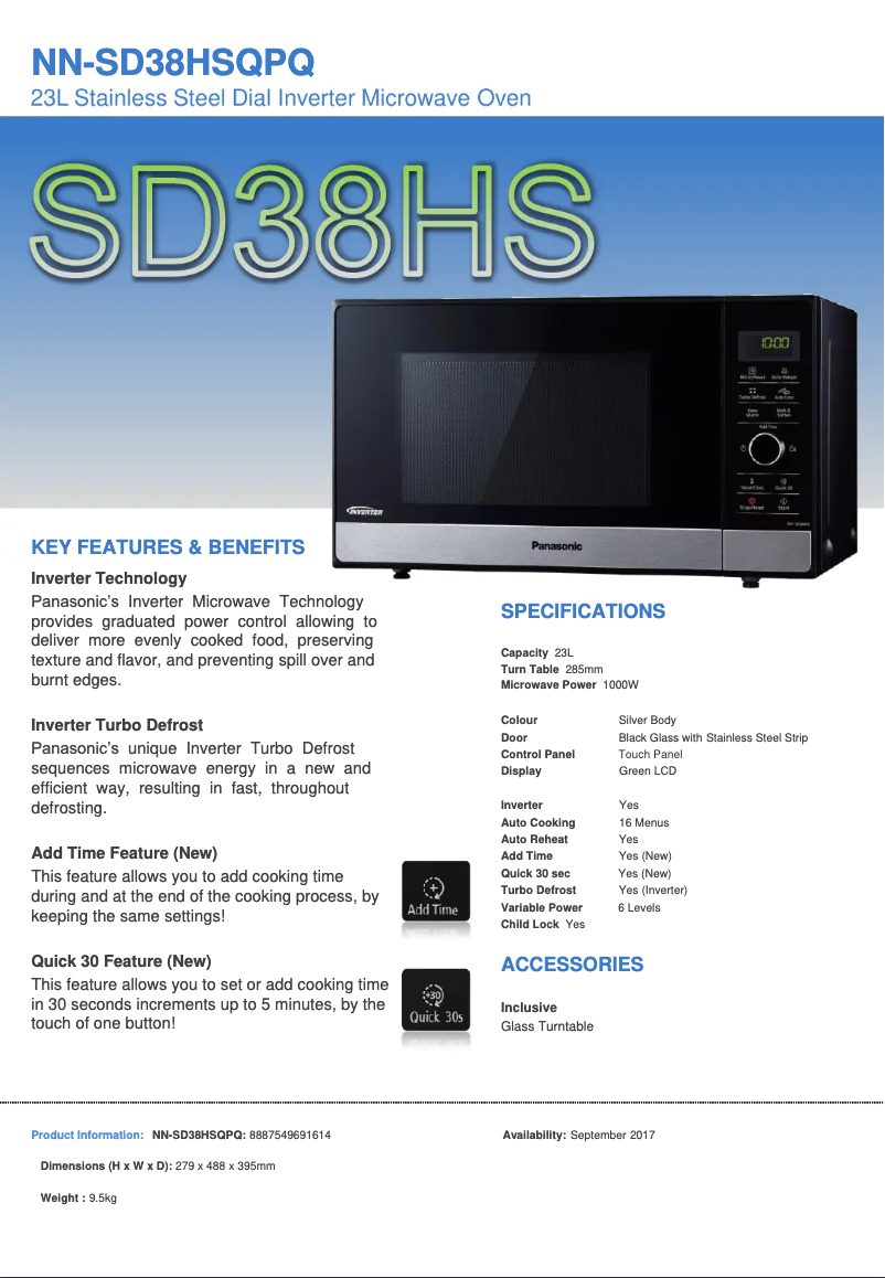 Page 1 de la notice Fiche technique Panasonic Inverter NN-SD38HS