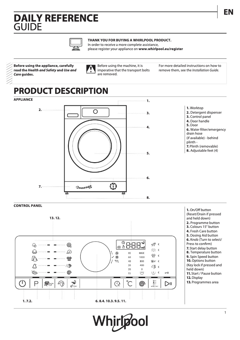 Page 1 de la notice Manuel utilisateur Whirlpool FSCR 80211