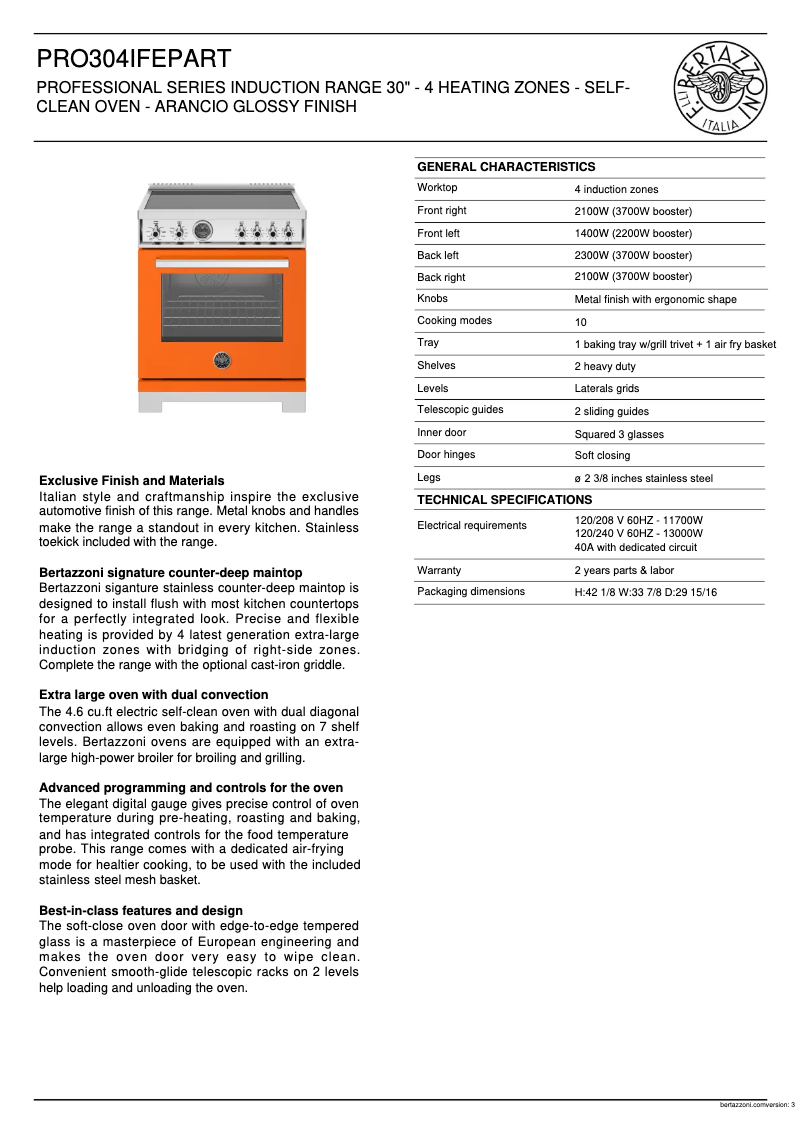 Page 1 de la notice Fiche technique Bertazzoni PRO304IFEPART