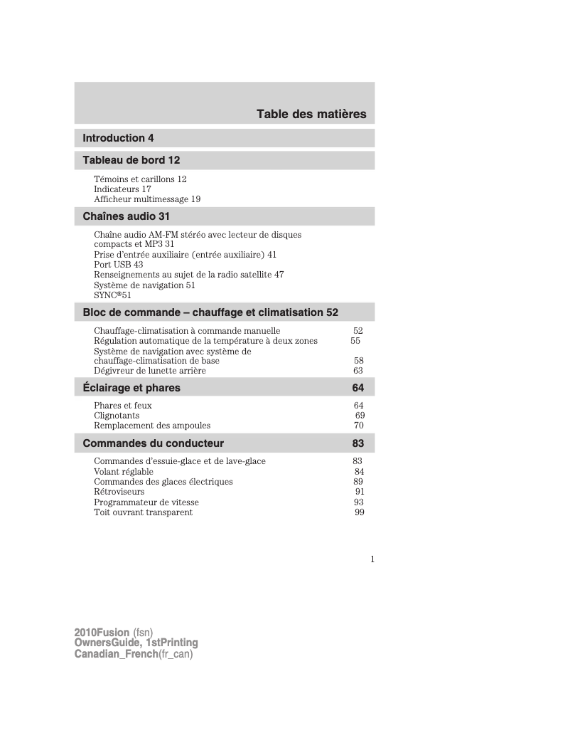 Page n°1 - Manuel utilisateur Ford Fusion (2010)