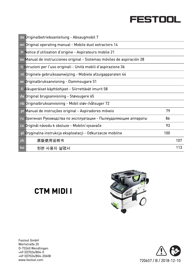 Page 1 de la notice Manuel utilisateur Festool CTM Midi I