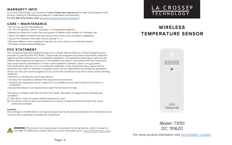 Page n°1 - Manuel utilisateur La Crosse Technology TX151