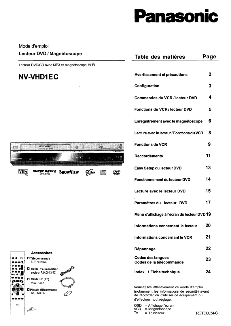 Page 1 of the manual User Manual Panasonic NV-VHD1EC