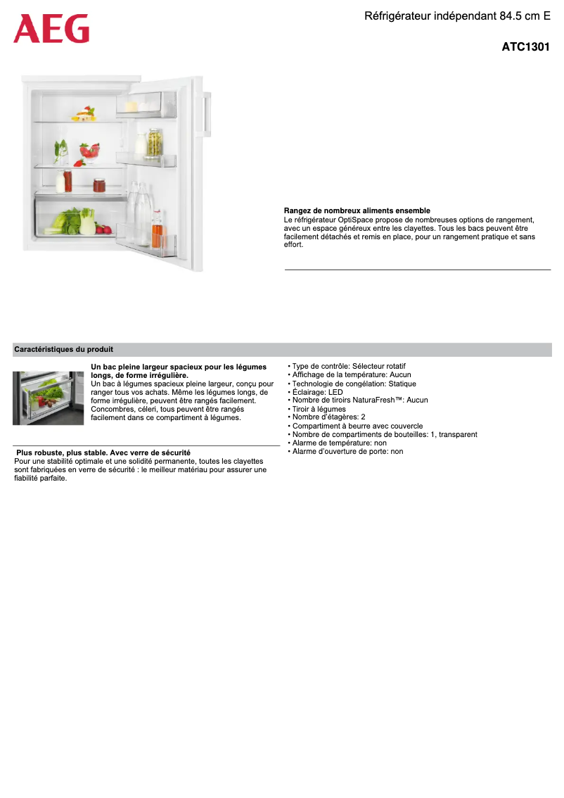 Page 1 de la notice Fiche technique AEG ATC1301