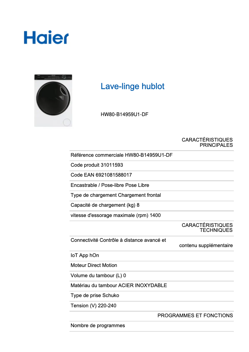Page 1 de la notice Fiche technique Haier I-Pro Series 5 HW80-B14959U1