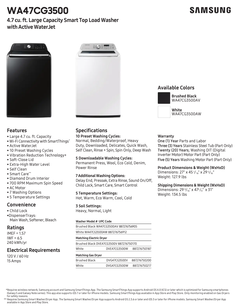 Page 1 de la notice Fiche technique Samsung WA47CG3500AW