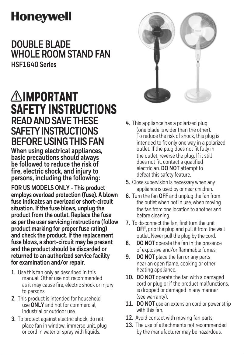 Page 1 de la notice Manuel utilisateur Honeywell HSF1640