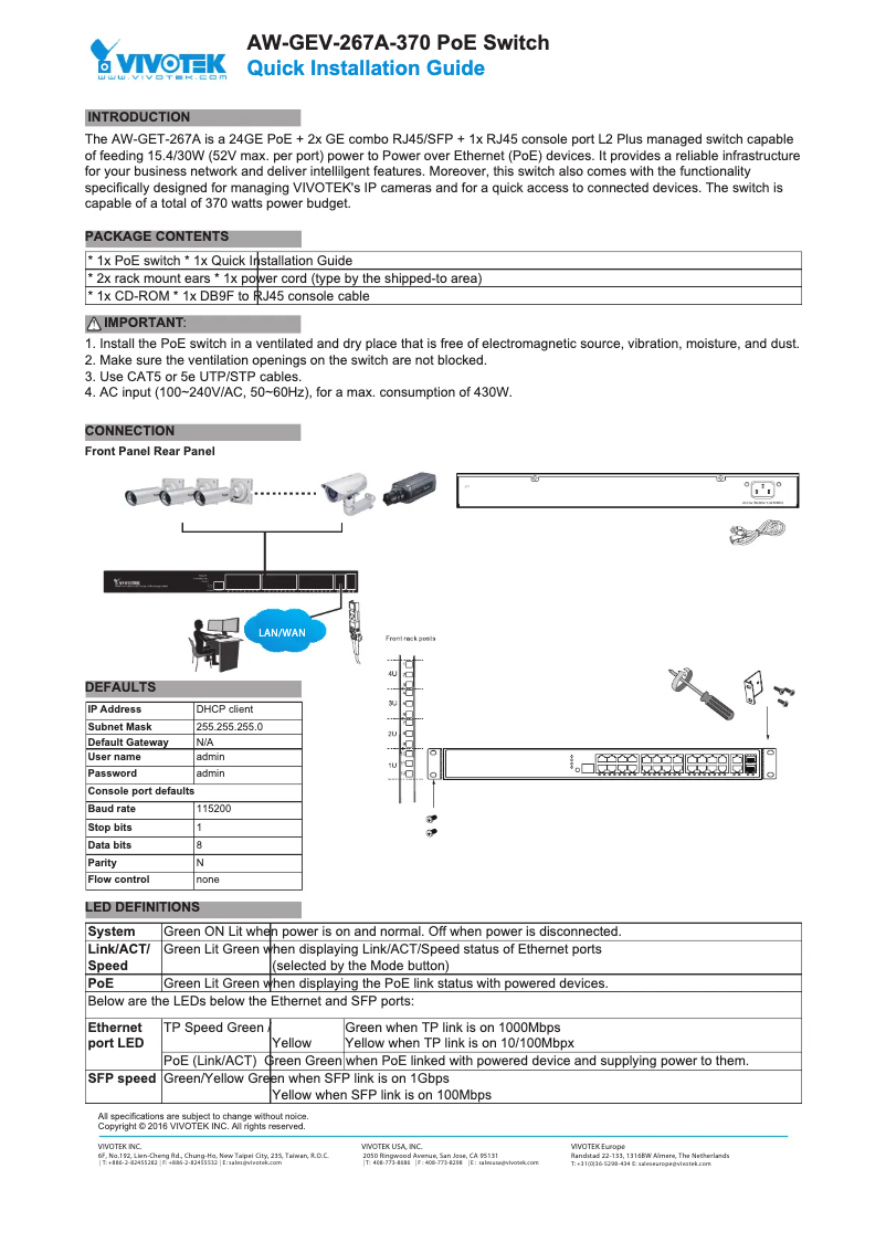 Page 1 de la notice Guide d'installation Vivotek AW-GEV-108A-130