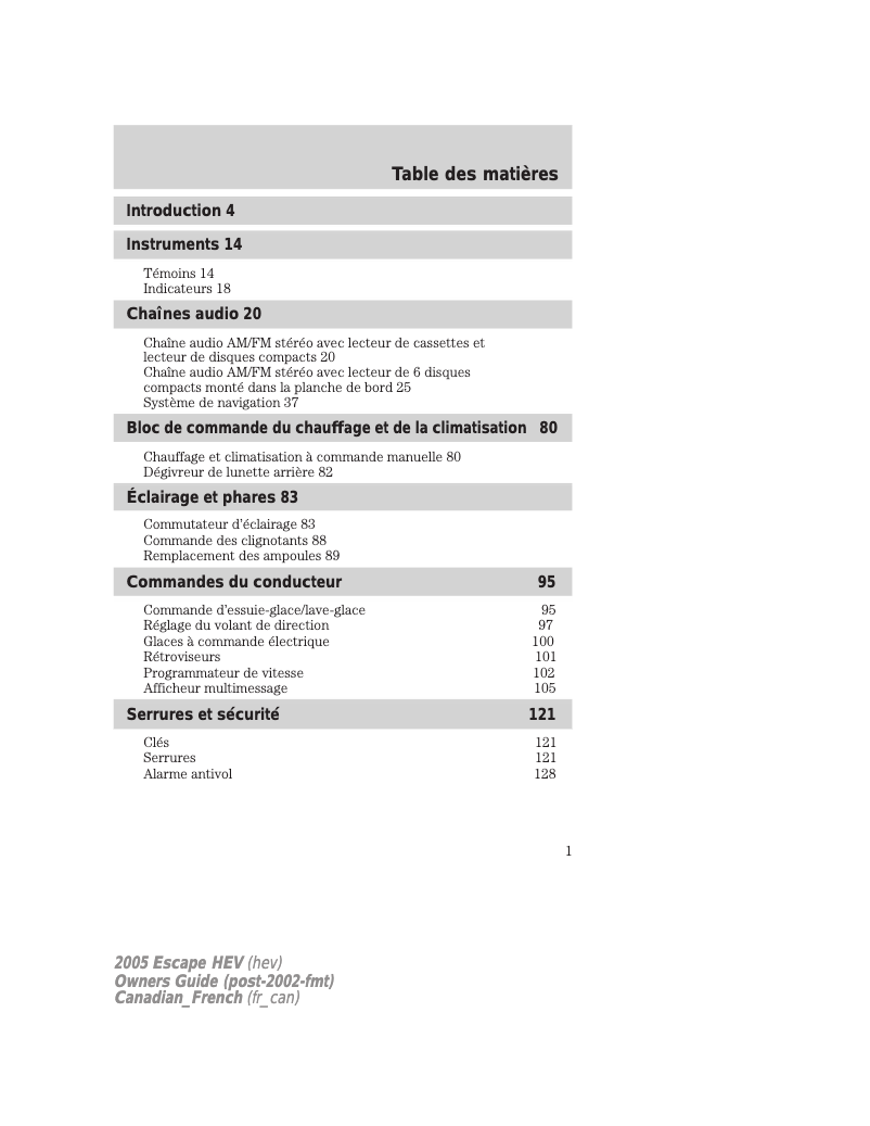 Page 1 de la notice Manuel utilisateur Ford Escape Hybrid (2005)