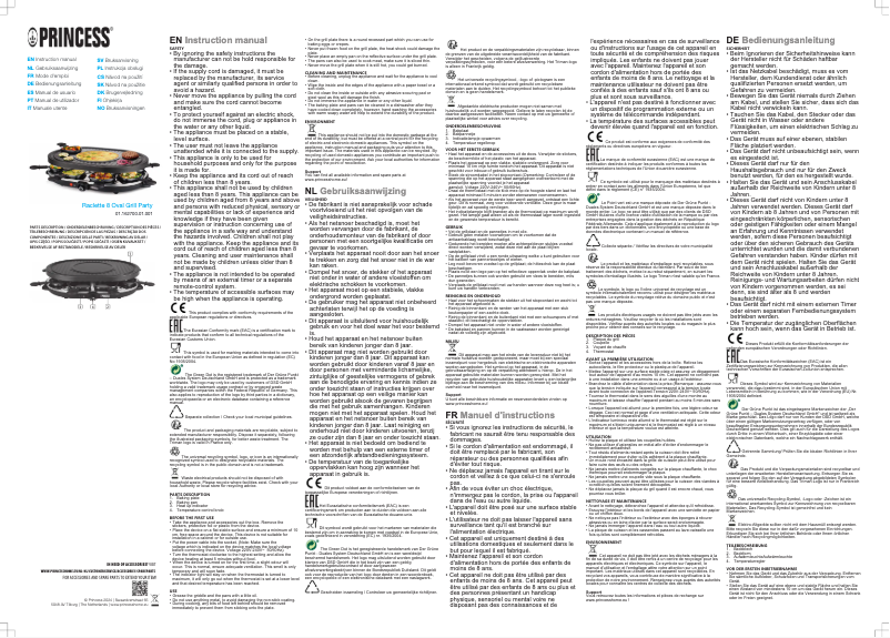 Page 1 de la notice Manuel utilisateur Princess Raclette 8 Oval Grill Party 162700