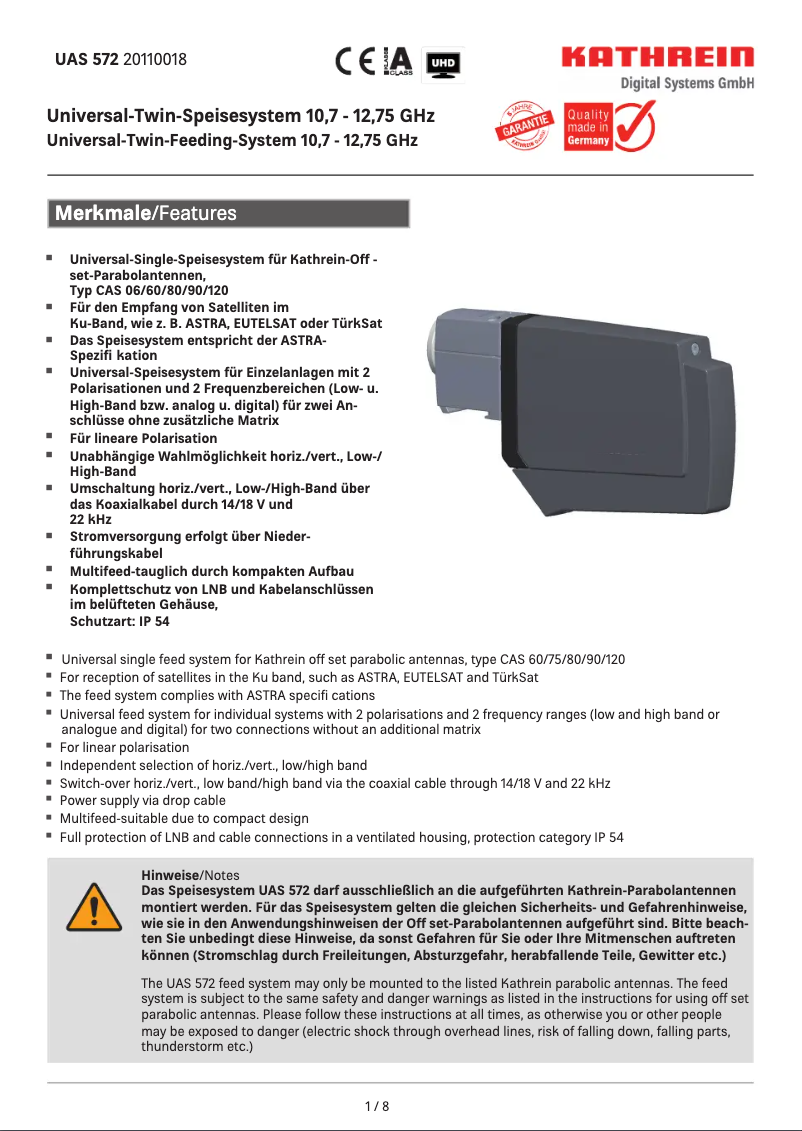Page n°1 - Manuel utilisateur Kathrein UAS 572