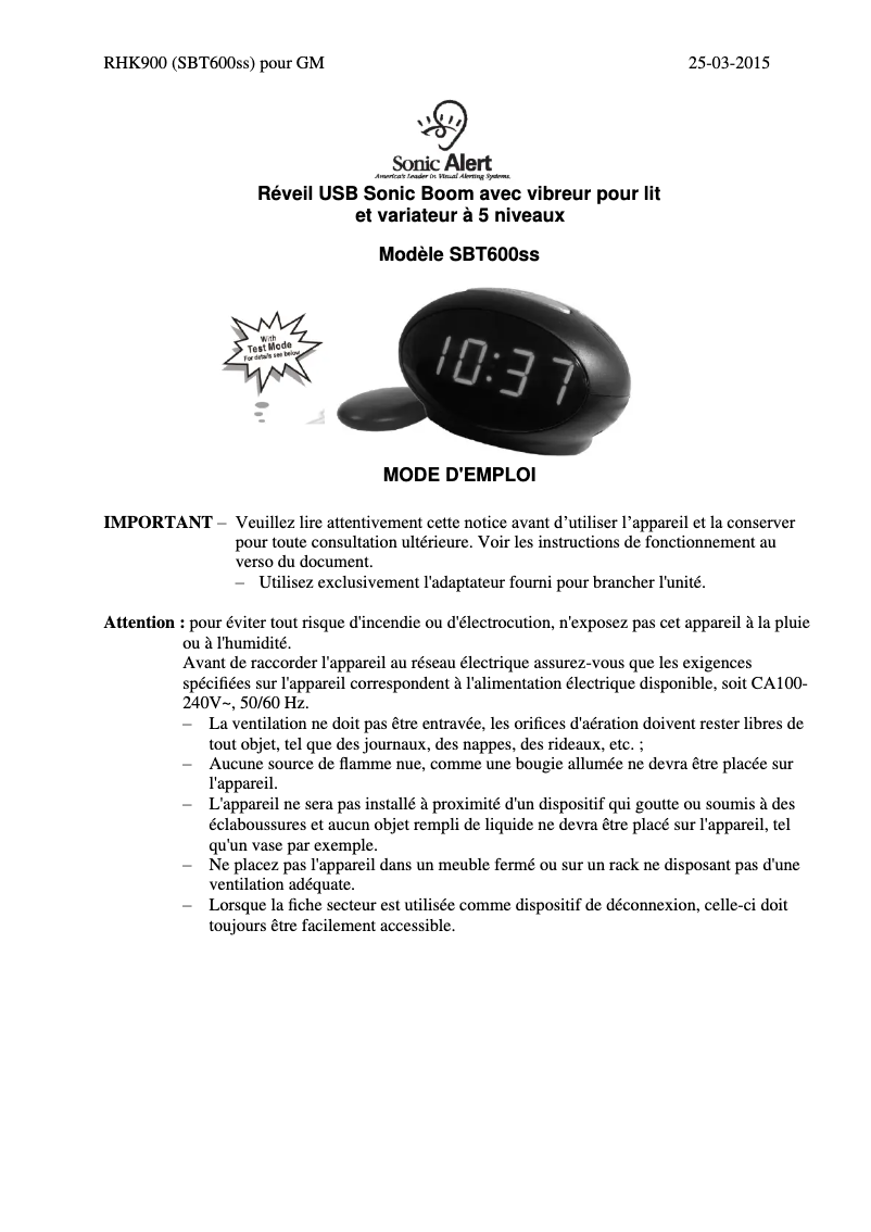 Image de la première page du manuel de l'appareil SBT600SS