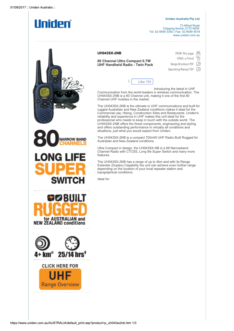 Page n°1 - Manuel utilisateur Uniden UH043SX-2NB