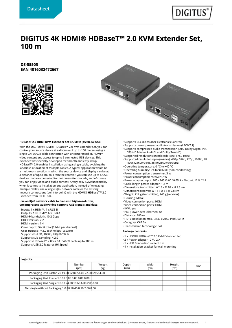 Page 1 de la notice Fiche technique Digitus DS-55505