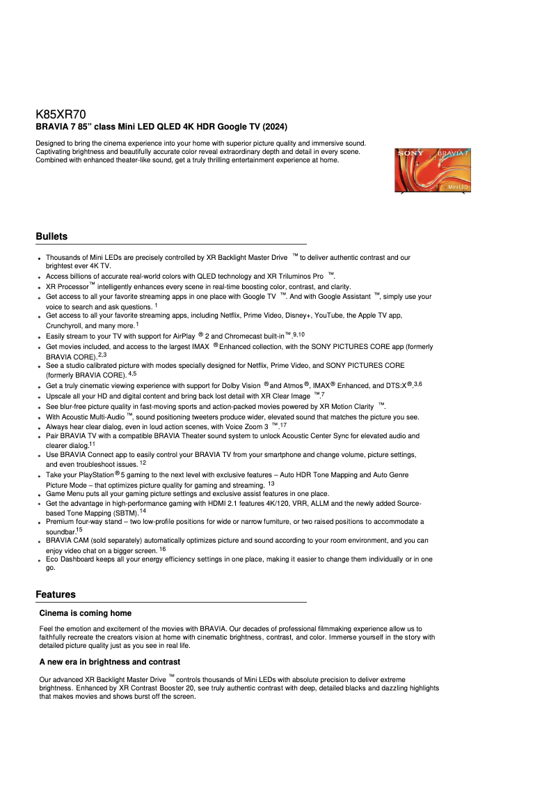 Image de la première page du manuel de l'appareil Bravia K-85XR70