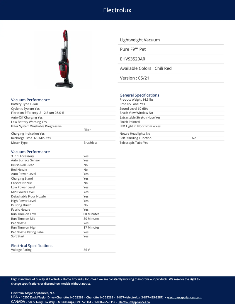 Page 1 de la notice Fiche technique Electrolux Pure F9 Pet