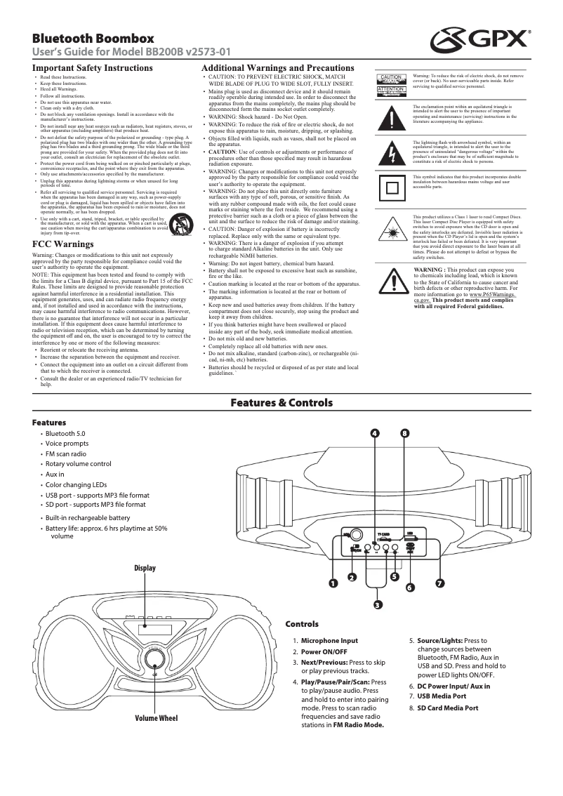 Page 1 de la notice Manuel utilisateur GPX BB200B