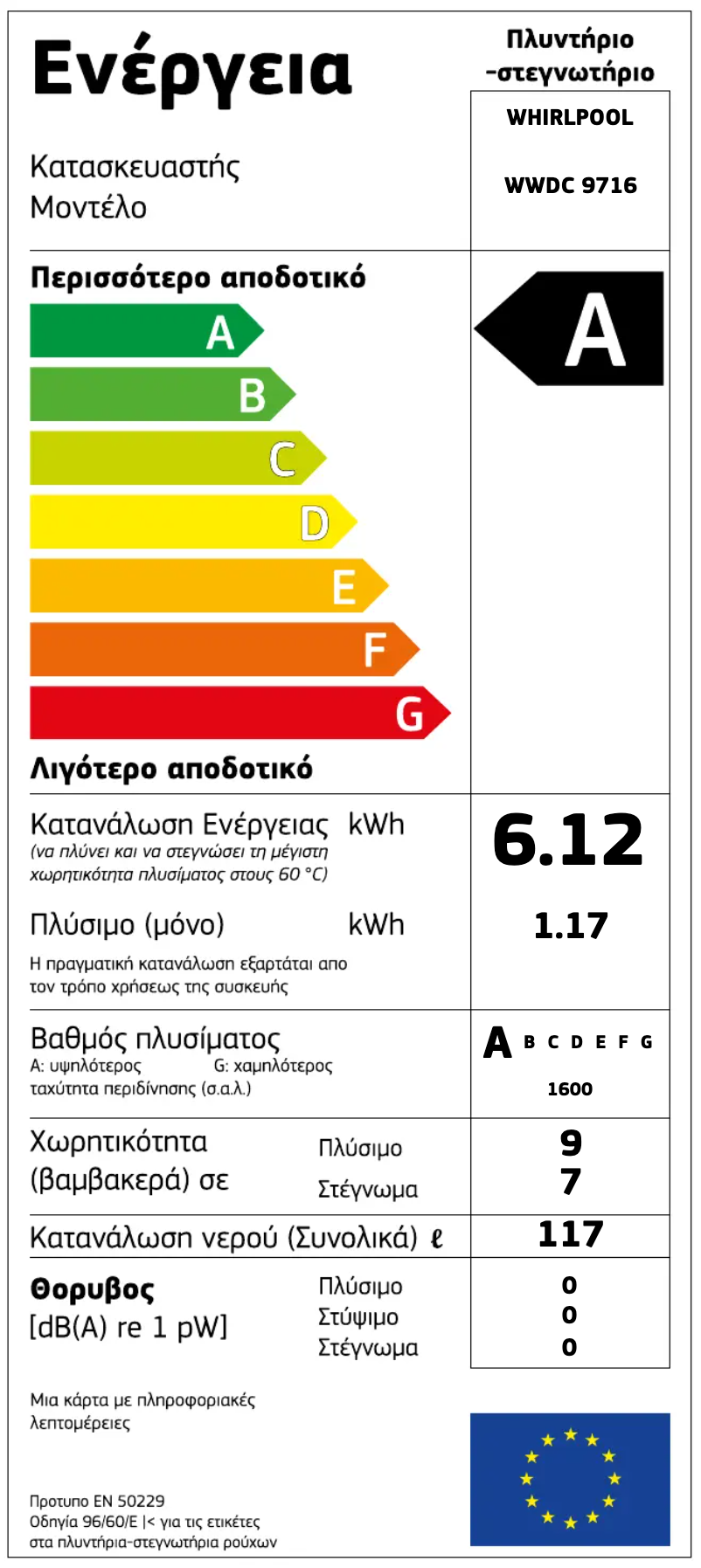 Page 1 de la notice Label énergétique Whirlpool WWDC9716
