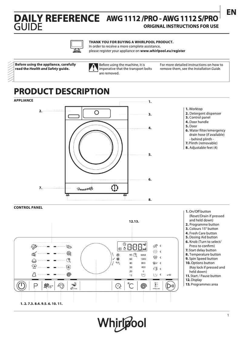 Page 1 de la notice Manuel utilisateur Whirlpool AWG 1112 S/PRO
