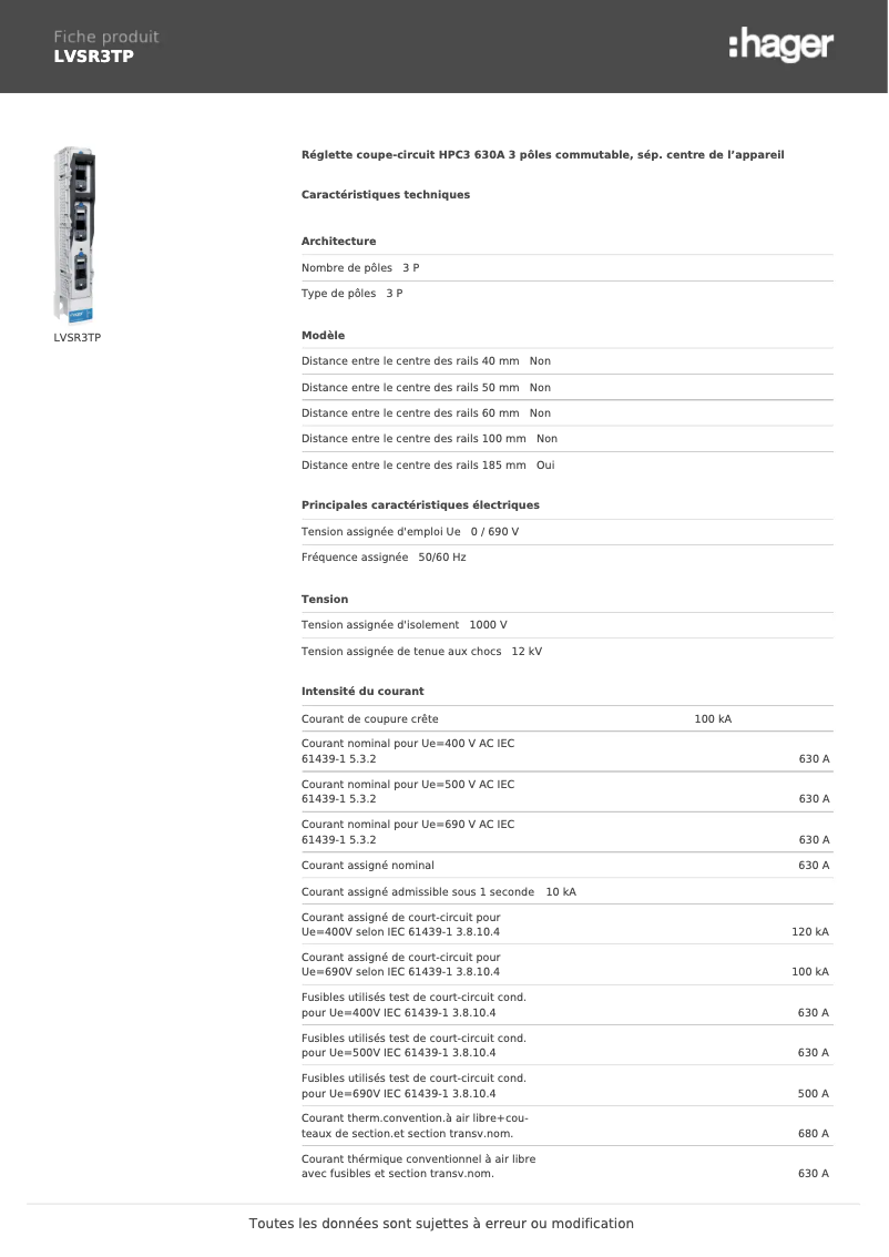 Page 1 de la notice Manuel utilisateur Hager LVSR3TP