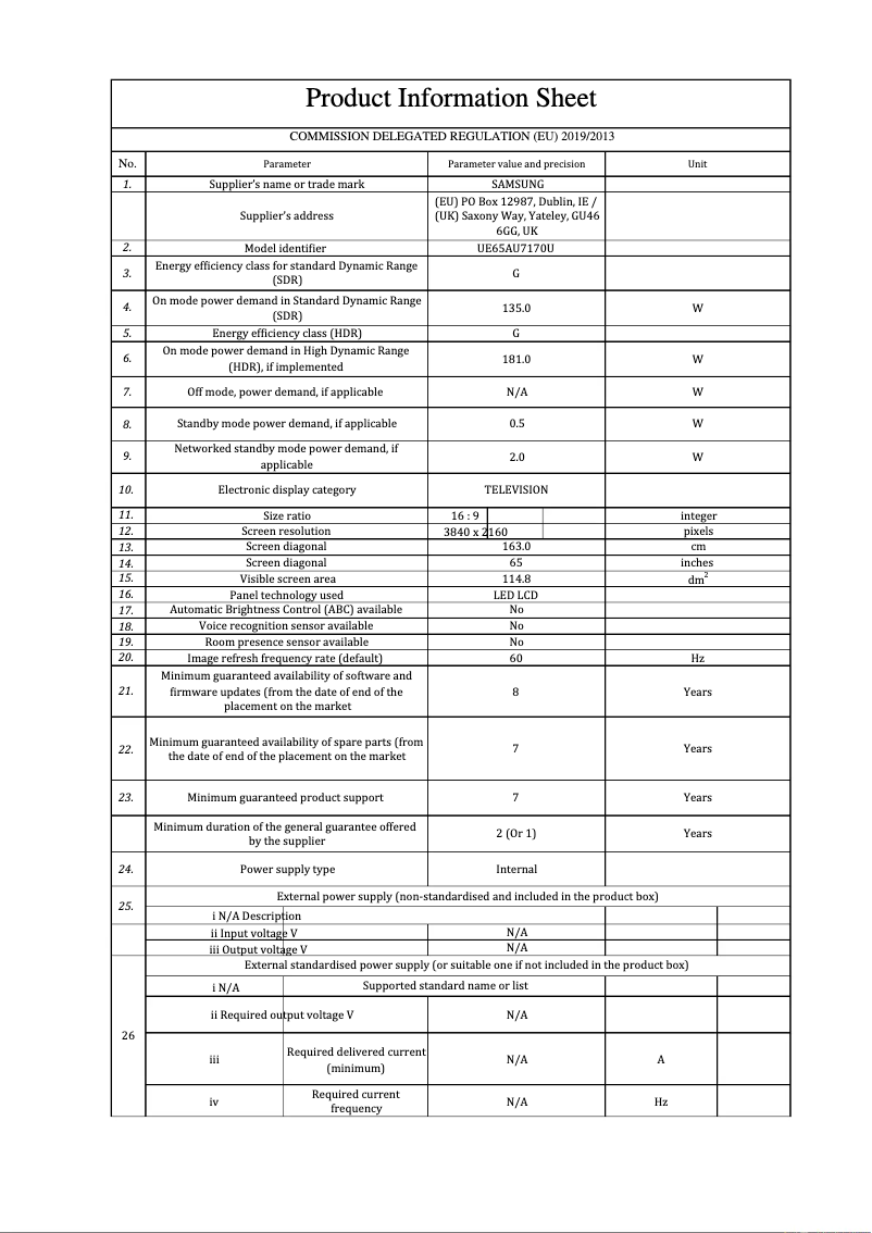Page 1 de la notice Fiche technique Samsung UE65AU7170