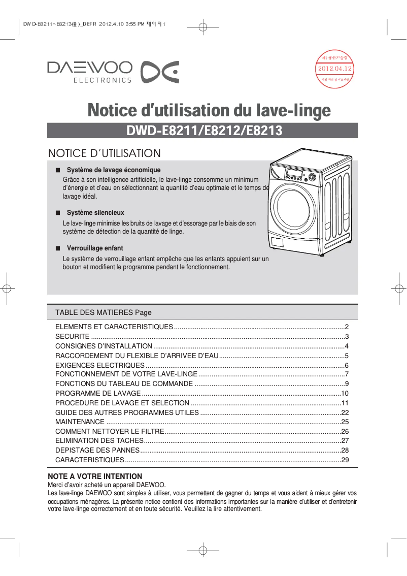 Page n°1 - Manuel utilisateur Daewoo DWD-E8211
