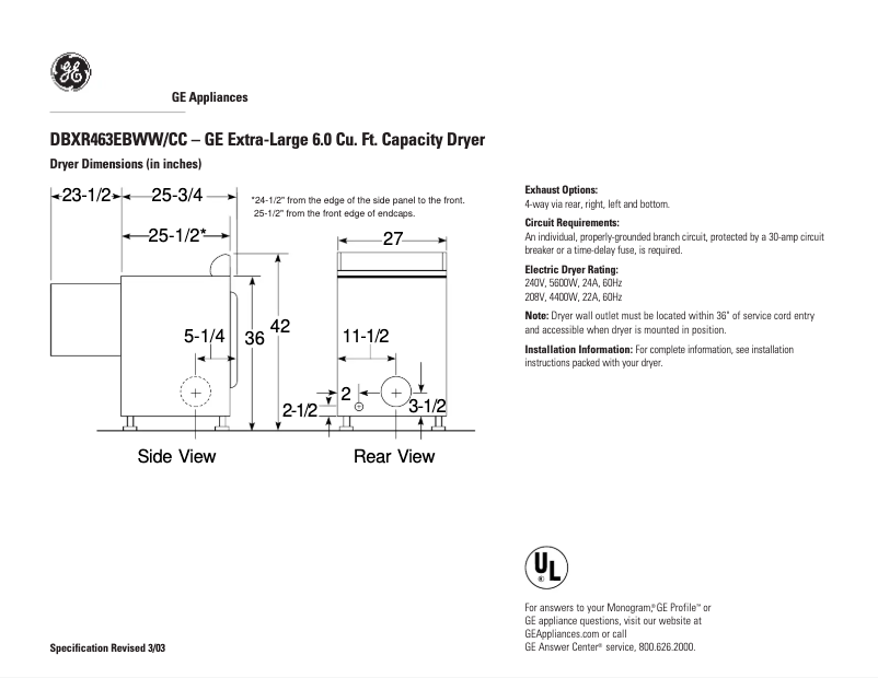Page 1 de la notice Fiche technique GE DBXR463EBCC