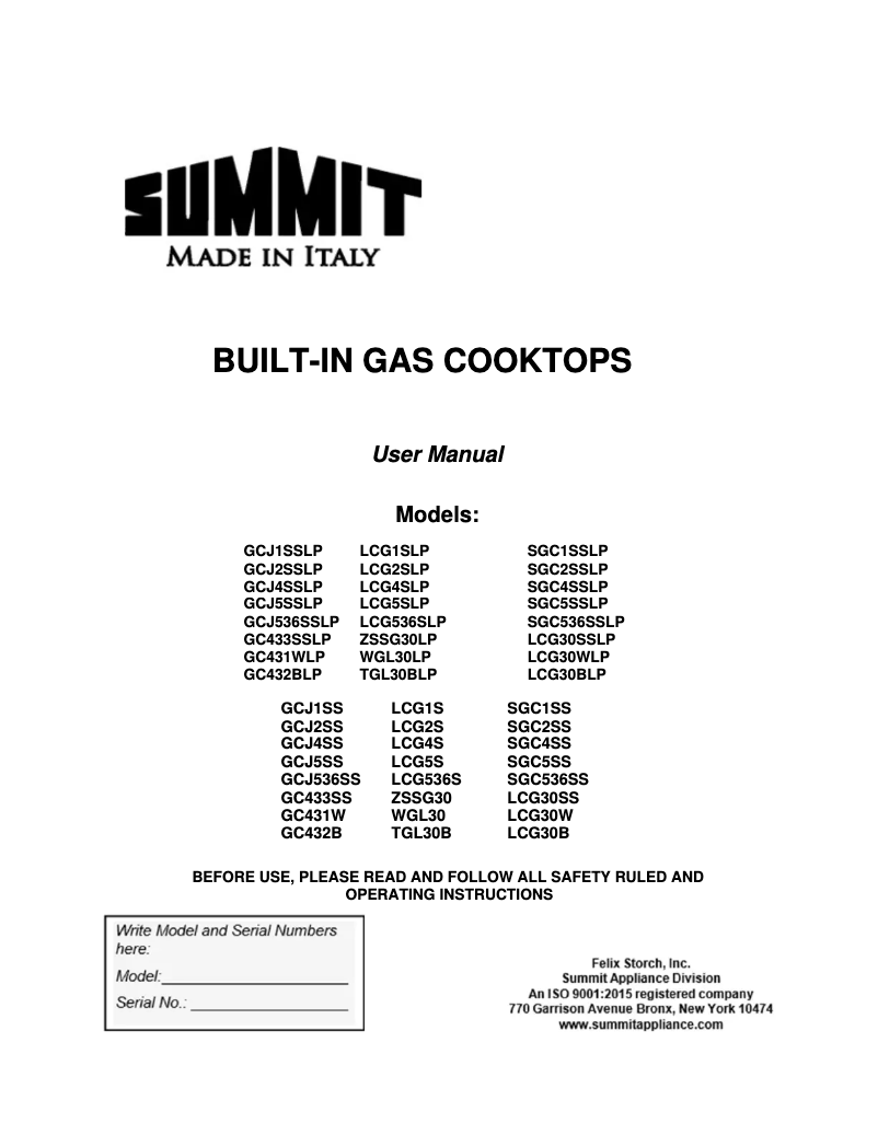 Page 1 de la notice Manuel d'utilisation et d'entretien Summit GCJ536SS