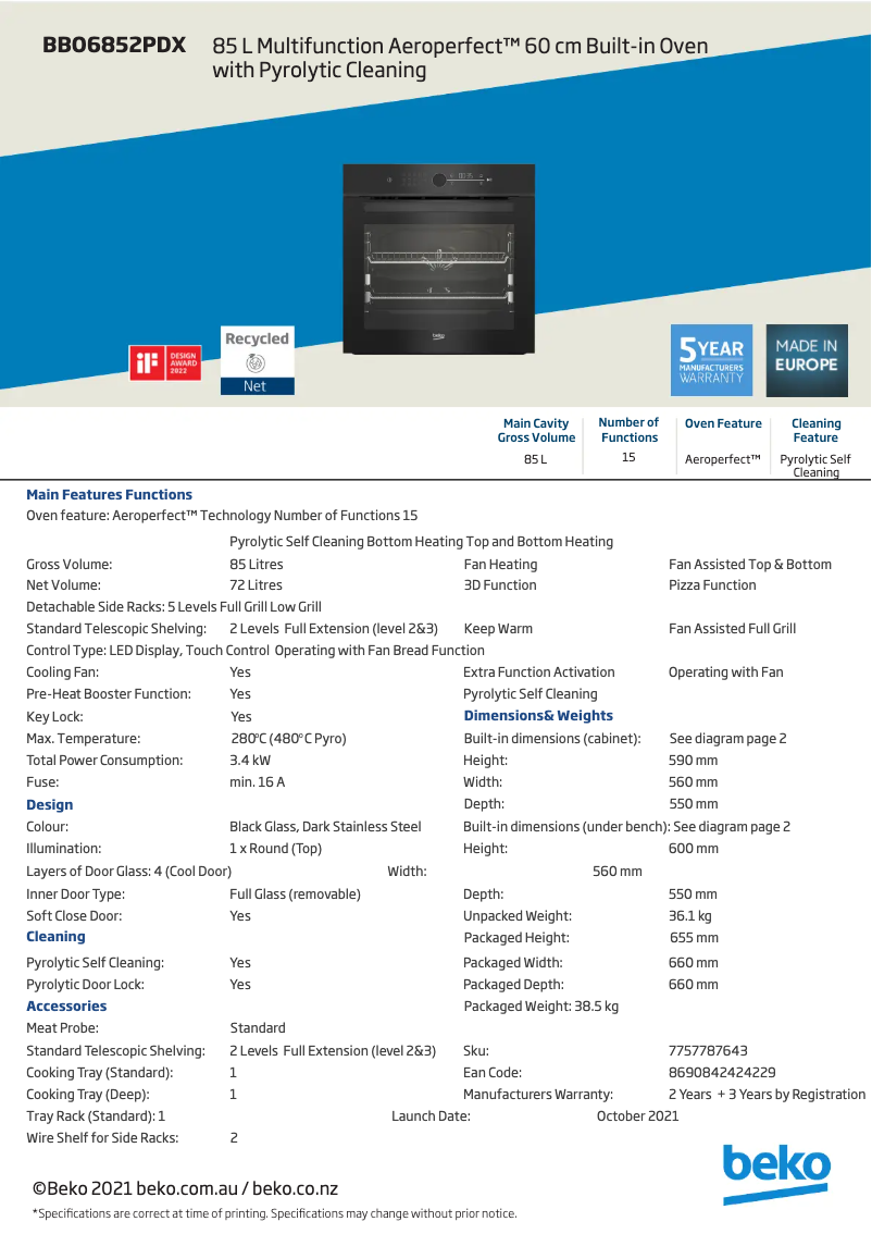 Page 1 de la notice Fiche technique Beko BBO6852PDX