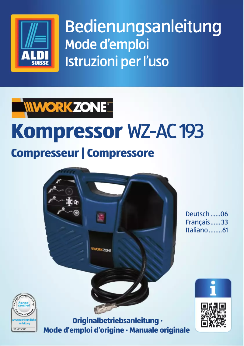 Page n°1 - Manuel utilisateur Workzone WZ-AC 193