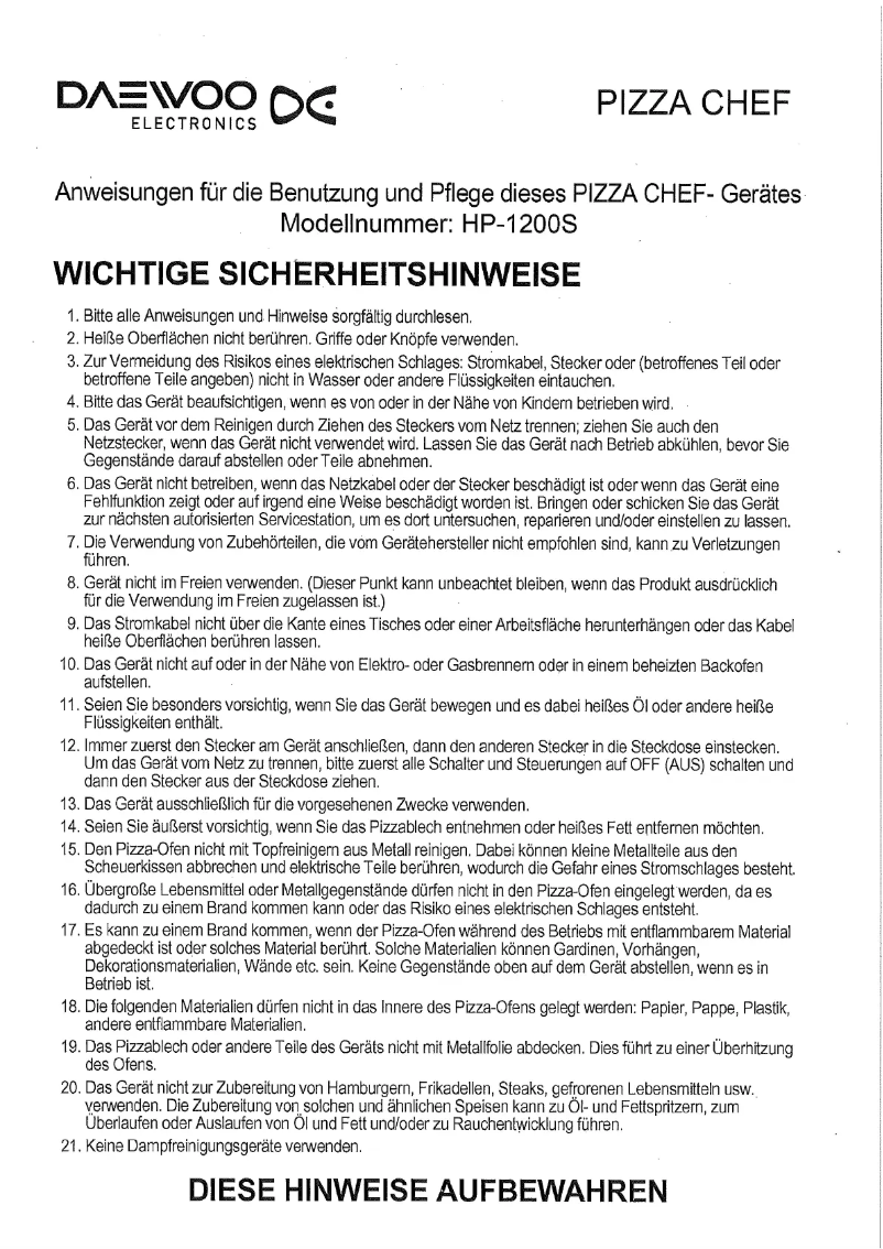 Page n°1 - Manuel utilisateur Daewoo HP 1200S Pizza Chef
