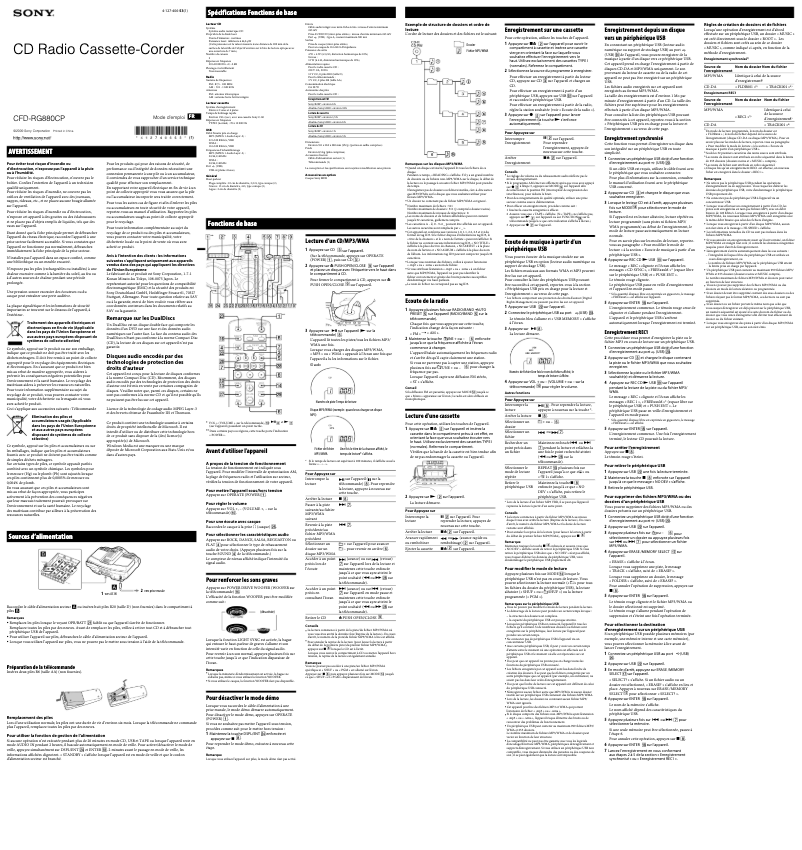 Page 1 de la notice Manuel utilisateur Sony CFD-RG880CP