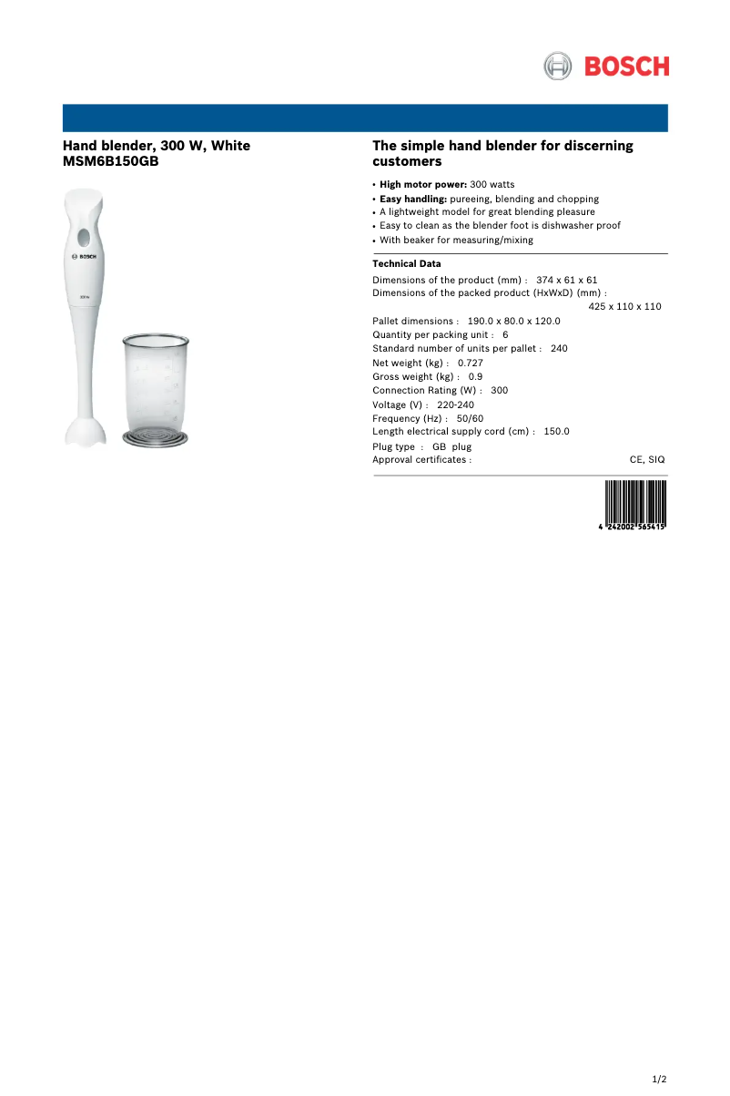 Page n°1 - Fiche technique Bosch MSM6B150GB