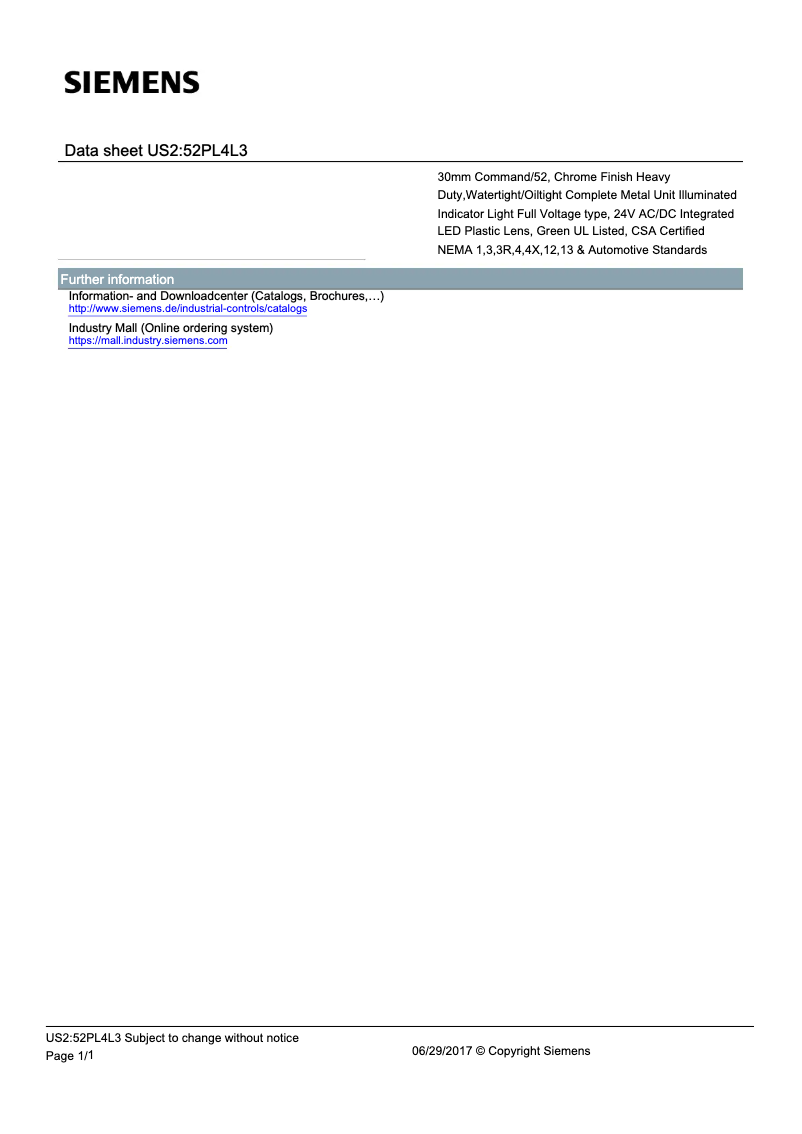 Page 1 de la notice Manuel utilisateur Siemens US2:52PL4L3