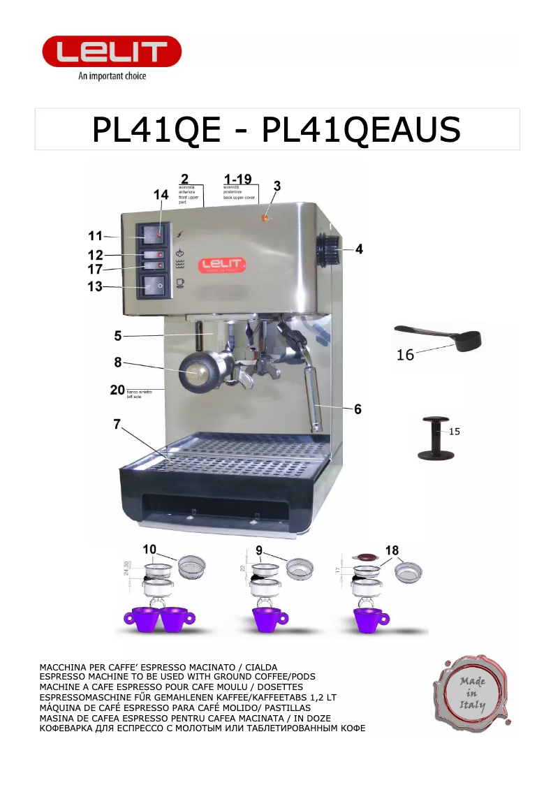 Page 1 de la notice Manuel utilisateur Lelit Anita PL042QE