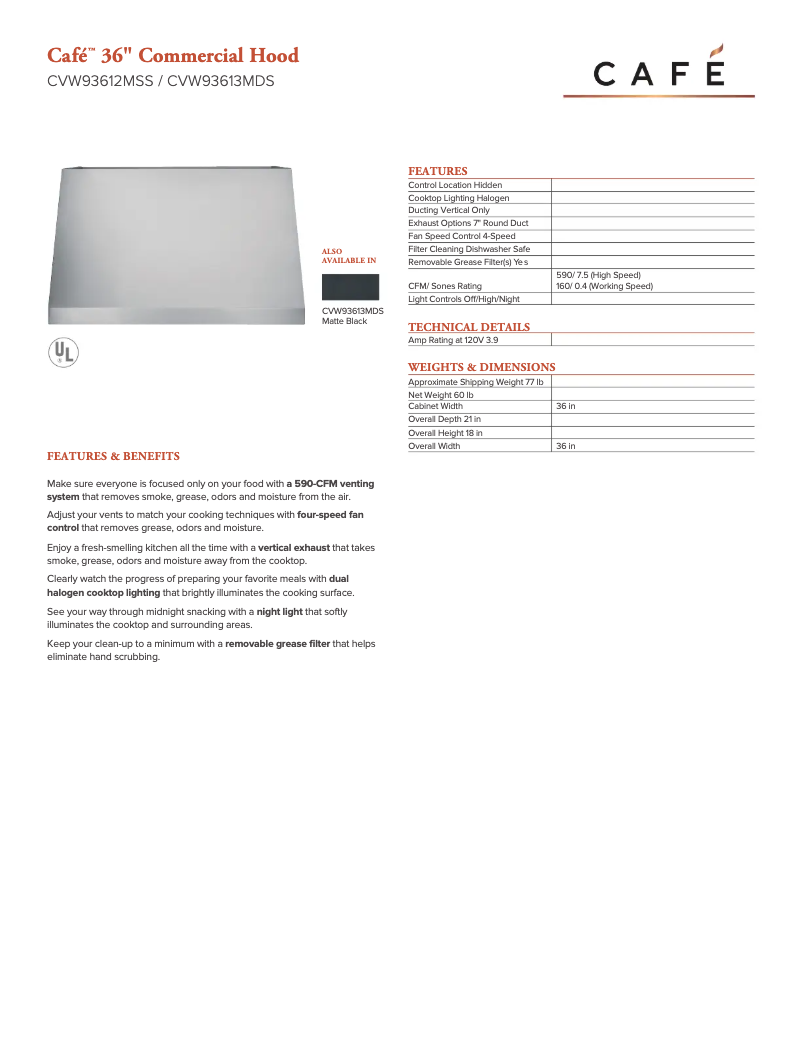 Page 1 de la notice Fiche technique GE CVW93612MSS