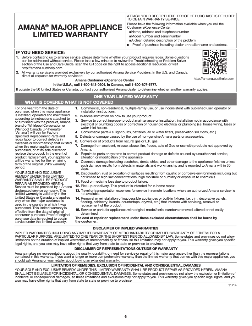 Page 1 de la notice Informations de garantie Amana AMV2307PFS