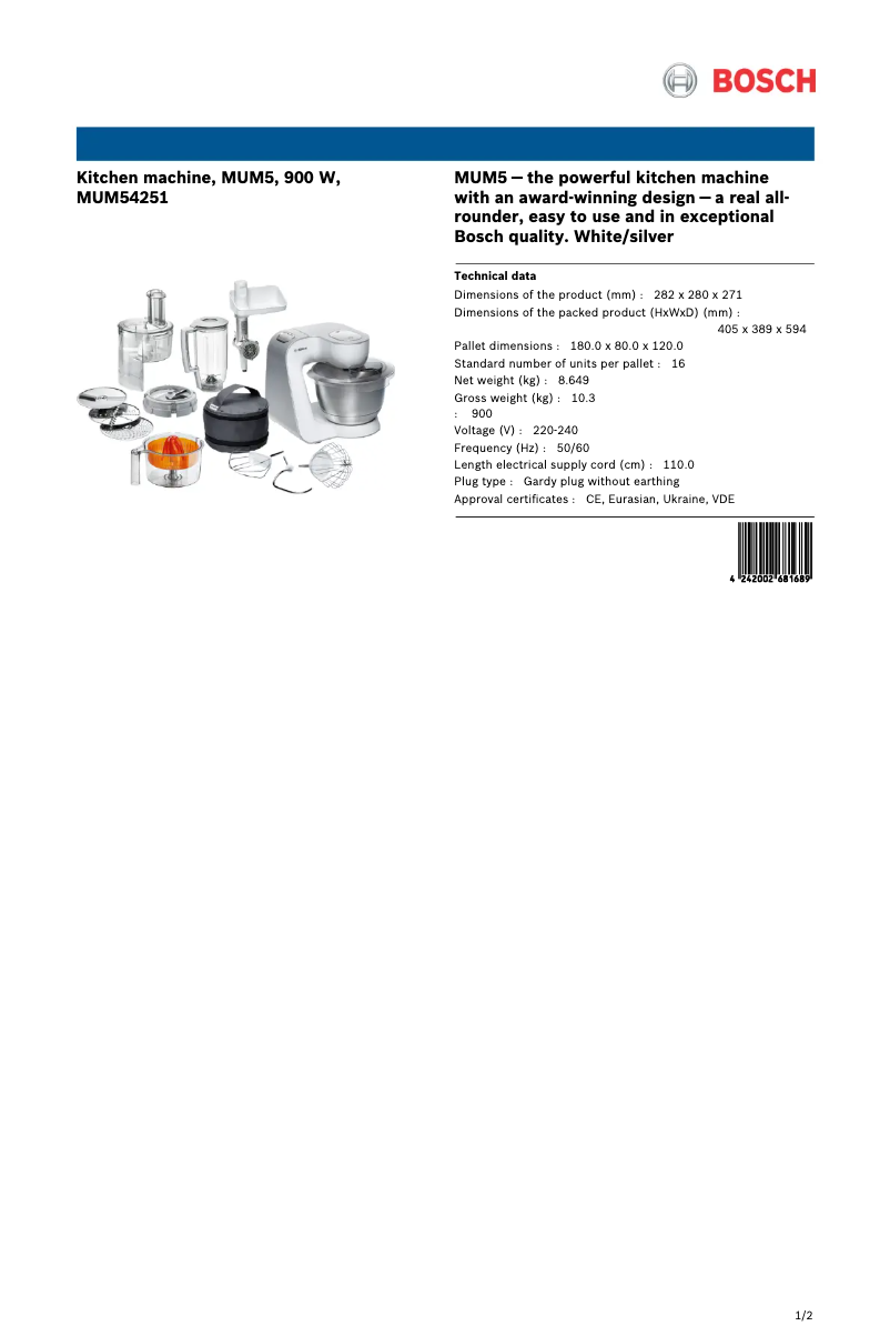 Page n°1 - Fiche technique Bosch MUM54251